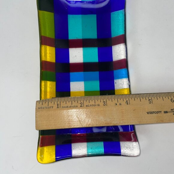 Fused Art Glass Trinket Tray Blue Yellow Check Design 7.5" X 4" - Picture 6 of 8